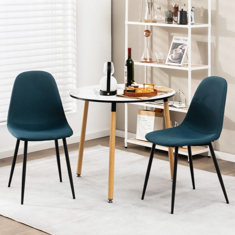 Set of 2 blue dining chairs with black metal legs, featuring foam upholstery and ergonomic backrest for comfort.